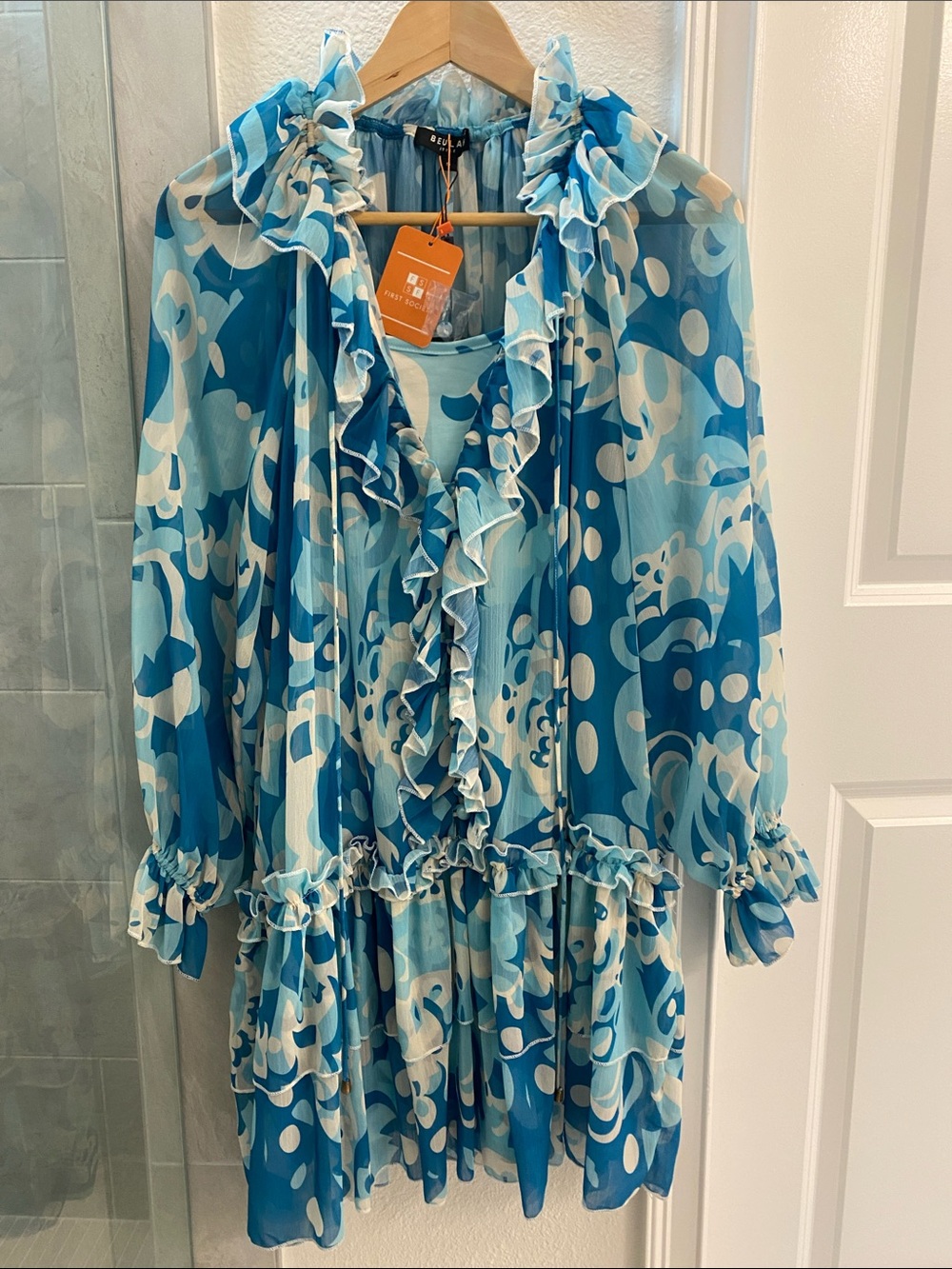 Beulah Blue & Light Blue Printed Ruffle Mini Dress with Sheer Cover Up